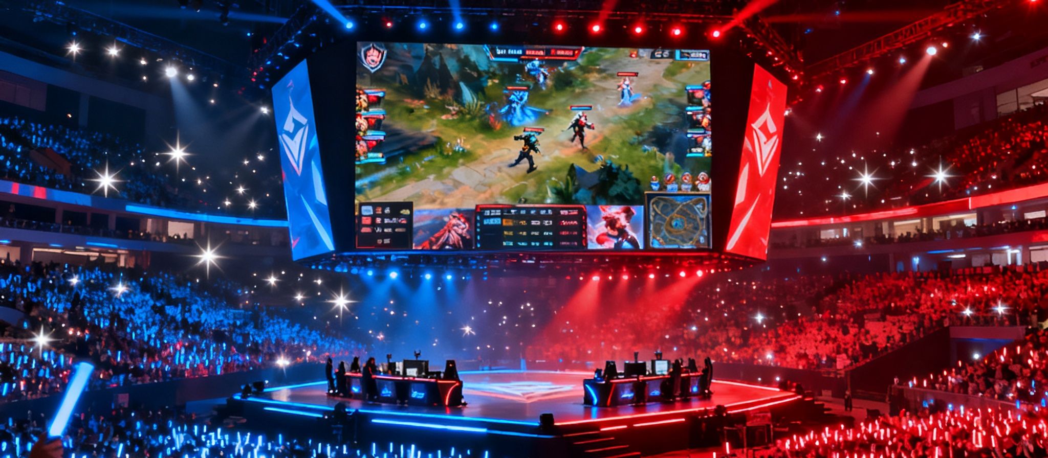 电竞牛头条Hero横幅图，画面呈现S赛总决赛现场全景，舞台中央巨型LED屏幕正播放精彩团战，观众席化作荧光棒的海洋，数万名电竞爱好者在此汇聚，灯光璀璨如星河倾泻，空气中弥漫着激动人心的竞技氛围